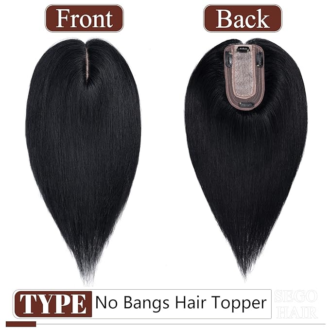 SEGO Real Human Hair Topper for Women, No Bangs Hair Topper with Anti-Slip Clips (12 Inches#1 Jet Black)