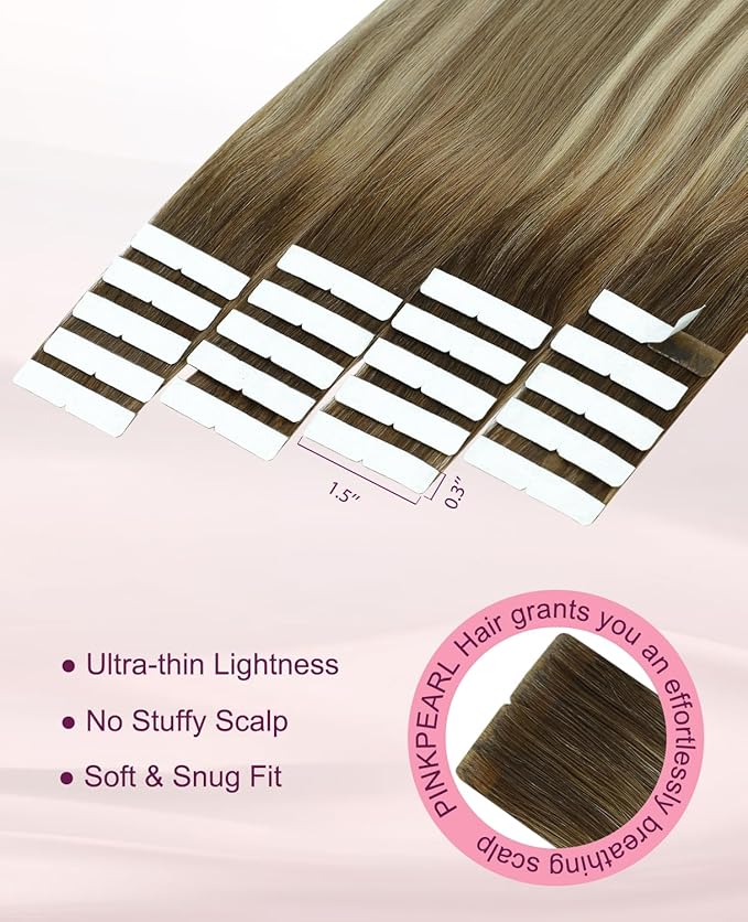 Pinkpearl Invisible Tape in Hair Extensions Human Hair, 20pcs 22inch 60g #3/8/22 Balayage Walnut Brown to Ash Brown and Golden Blonde Injection Tape in Extensions Real Remy Human Hair Injected