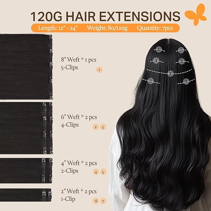 DOORES Clip in Human Hair Extensions Natural Black 120g 20 Inch 7pcs Straight Remy Hair Extensions Clip in Real Weft