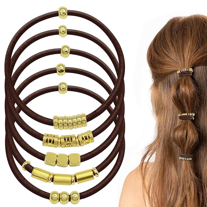 Brown Bracelet Hair Ties for Women, 5 Pack Cute 3mm Thick Elastic Ponytail Holders Accessories No Damage Stretchy Beaded Pony Tails Hair Ties with Gold Metal Charms Beads