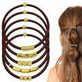 Brown Bracelet Hair Ties for Women, 5 Pack Cute 3mm Thick Elastic Ponytail Holders Accessories No Damage Stretchy Beaded Pony Tails Hair Ties with Gold Metal Charms Beads