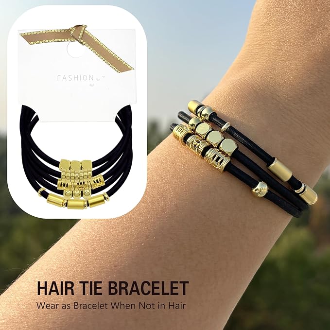 Black Bracelet Hair Ties for Women,5 Pack Cute 3mm Thick Elastic Ponytail Holders Accessories No Damage Stretchy Beaded Pony Tails Hair Tie with Gold Metal Charms Beads