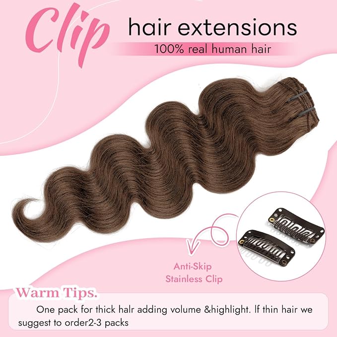 Human Hair Clip In Hair Extensions Body Wave Natural Black Clip in 100% Brazilian Remy Human Hair (#4 Chocolate Brown, 16 Inch)