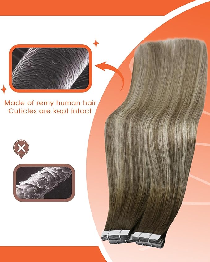 Sunny Hair Tape in Hair Extensions Real Human Hair Invisible Remy Hair Extensions Tape ins for Women Cool Brown Ombre Light Brown Balayage Medium Blonde 14 inch 25G