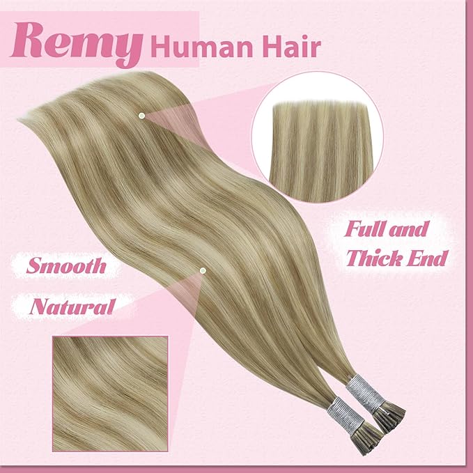 YoungSee Hair Extensions Itip Human Hair Brown Highlight I Tip Hair Extensions Light Brown and Blonde I Tips Hair Extension Real Human Hair 22In 50s 50g I-Tip Extension Natural