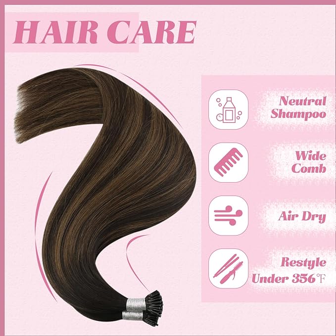 YoungSee I Tip Hair Extensions Human Hair Brown Itip Hair Extensions Balayage Dark Brown with Medium Brown I tip Hair Extension 16 Inch Ombre Cold Fusion Hair Extension Invisible for Daily 50g 80s