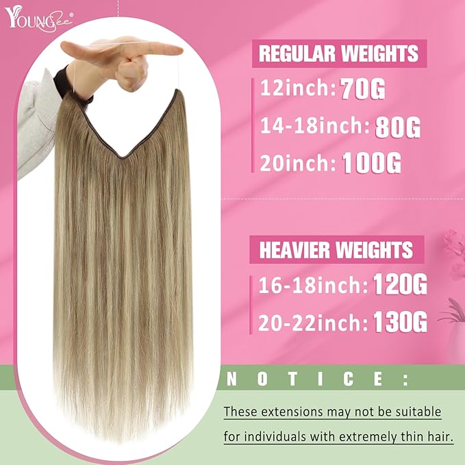 YoungSee 130G Wire Hair Extensions Real Human Hair Light Brown Mix Platinum Blonde Hair Extensions Invisible Wire Balayage Brown Human Hair Fish Line Straight Hair 20Inch