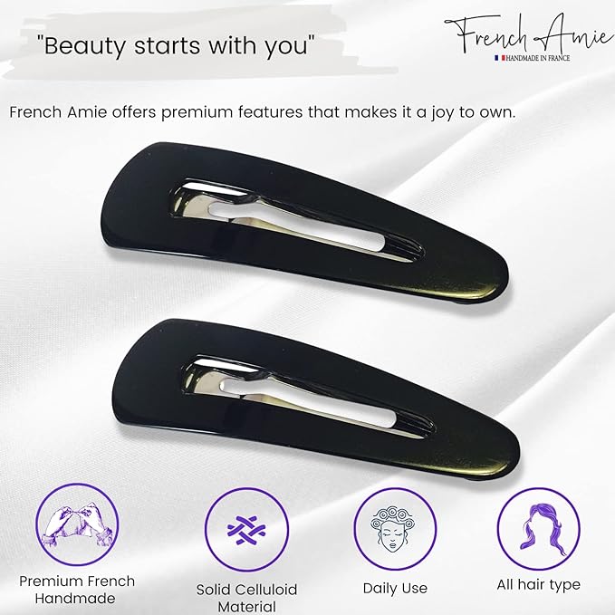 French Amie Clic Clac Pair of Large Black Handmade Cellulose Snap Hair Pin Clip