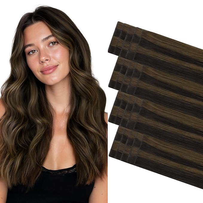 GOO GOO Invisi Edge Tape in Hair Extensions Human Hair, 2/6 Dark Brown Highlighted Chestnut Brown, 20pcs 24inch 50g, Virgin Remy Hair, Seamless Injected Tape, Natural Look