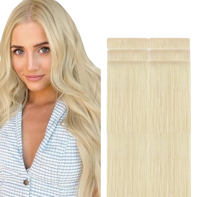 GOO GOO Invisi Edge Tape in Hair Extensions Human Hair, 60A Platinum Blonde, 6pcs 10inch 15g, Virgin Remy Hair, Seamless Injected Tape, Natural Look