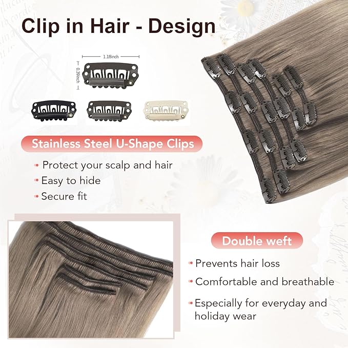 XDhair Clip in Hair Extensions Human Hair 120g18 Inch Balayage Ombre Ash Brown to Platinum Blonde Double Weft Clip in Hair Extensions 6pcs for Women(18, #8T60)