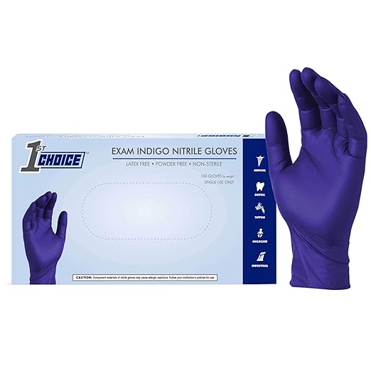 1st Choice Nitrile Disposable Gloves, 3 Mil Indigo Nitrile Gloves, Disposable Latex Free Exam Grade Large Gloves, Box of 100