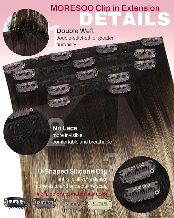 Moresoo Clip in Hair Extensions Balayage Remy Human Hair Extensions Clip in Dark Brown Ombre Medium Brown mix Golden Blonde 5 Pieces 80G 12Inch