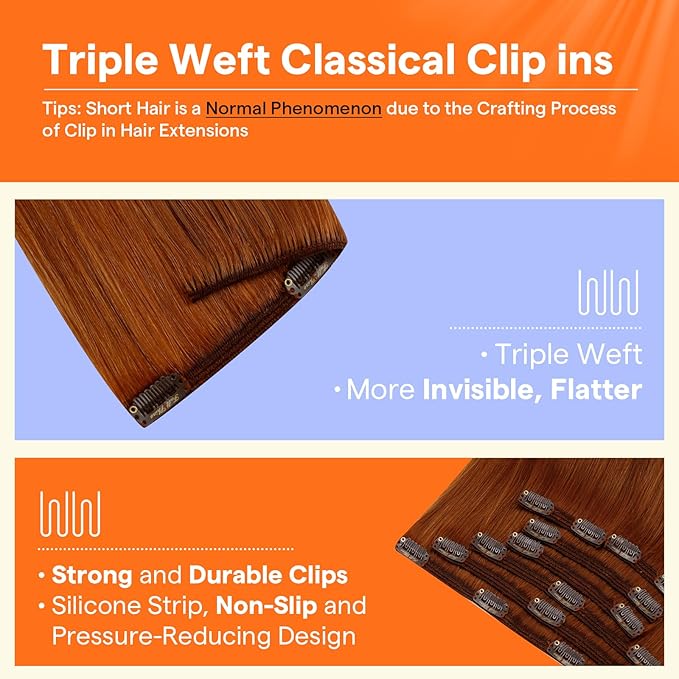 Full Shine Copper Clip in Hair Extensions Human Hair 16 Inch Copper Red Hair Extensions Clip ins for Quince 7 Pcs 120 G