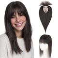 Hairro Human Hair Toppers with Wispy Bangs, 3.5x4.7" Hand-wovened Base for Women with Thinning Hair, Lightweight & Breathable Realistic Scalp, Clip-in Hairpieces for Easy Wear, 10 Inch Natural Black
