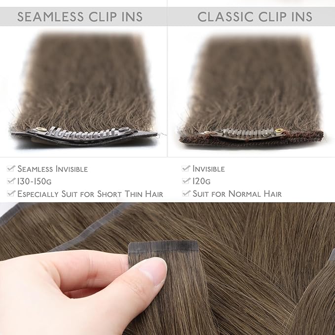 WENNALIFE Seamless Clip In Hair Extensions Human Hair, 14 Inch 130g 7pcs Light Ash Brown Real Hair Extensions Clip in Human Hair Invisible PU Skin Weft Natural Remy Human Hair Extensions