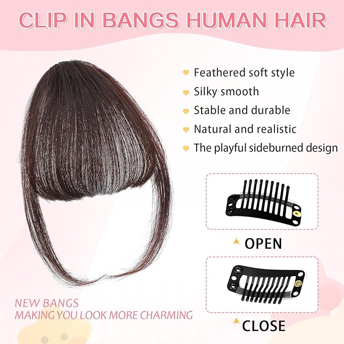 Clip in Bangs 100% Real Human Hair, Wispy Bangs Hair Clip, Fake Bang Fringe with Temples Hairpieces for Women Daily Wear (Dark Brown, Wispy Bangs)