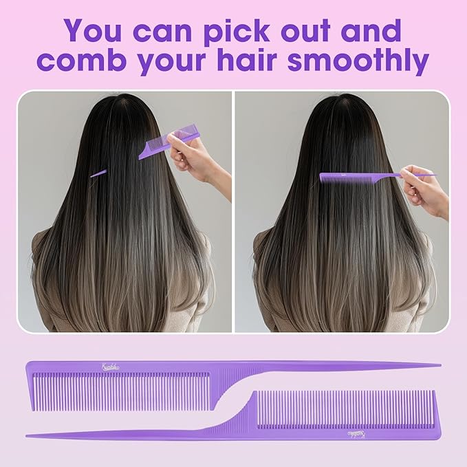 Rat Tail Comb for Women: 2Pcs Purple Fine Tooth Parting Tip Carbon Fiber Root Teasing Anti Static Hair Comb