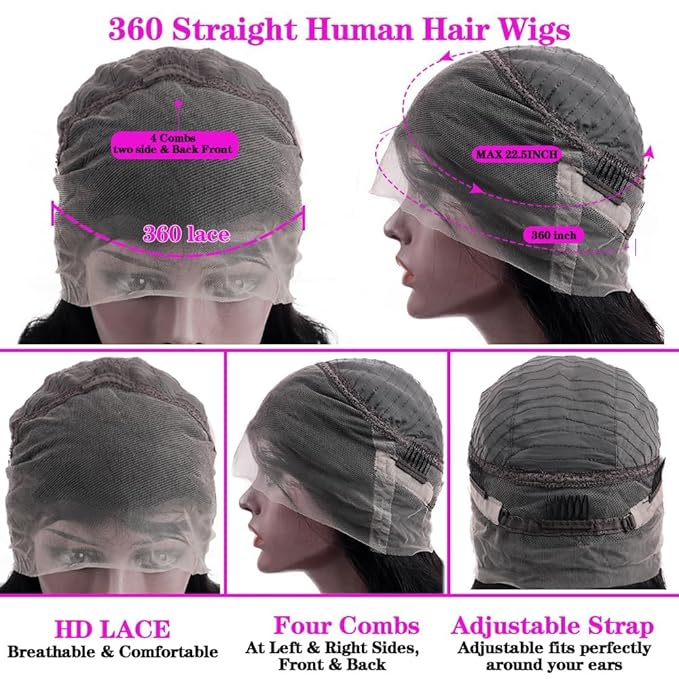 sdamey Straight 360 Lace Front Wigs Human Hair 360 Full Lace Frontal Wigs Human Hair Pre Plucked with Baby Hair Brazilian Virgin Hair Straight Wigs 360 HD Lace Front Wigs 250density(20 Inch)