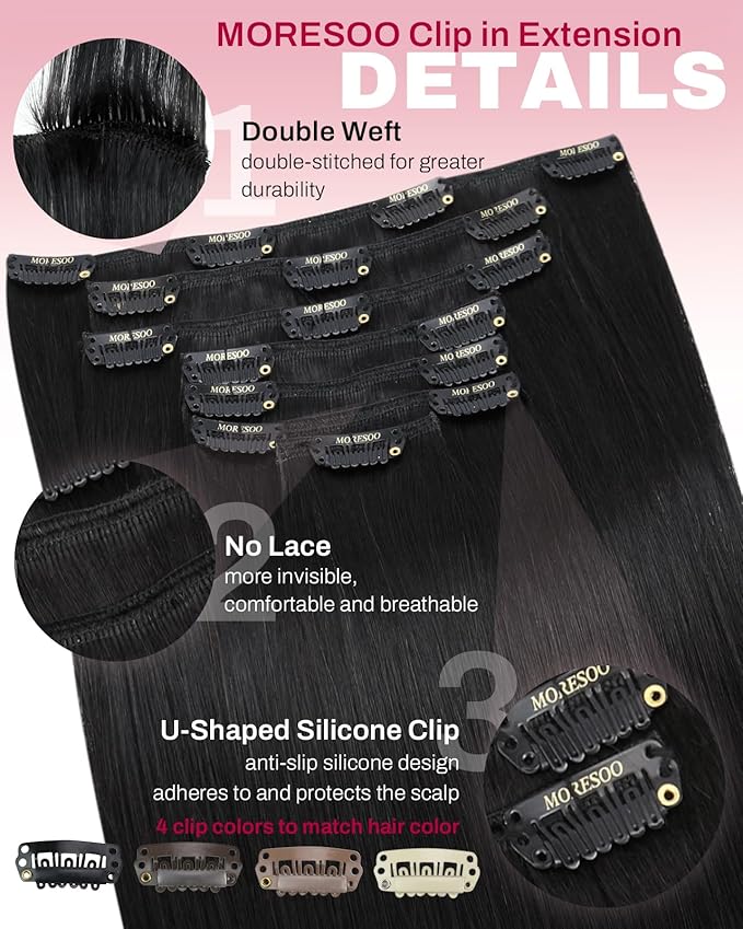 Moresoo Black Clip in Hair Extensions Real Human Hair Clip in Extensions Black Hair Extensions for Women Remy Double Weft 120g/7pcs 20 Inch
