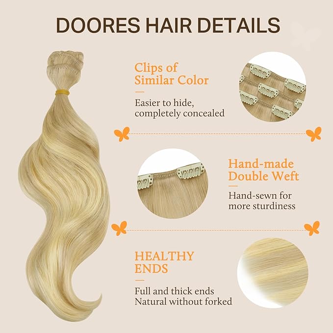 DOORES Hair Extensions Clip in Human Hair, Dirty Blonde Mixed Platinum Blonde 100g 7pcs 14 Inch, Remy Clip in Extensions Real Silky Weft