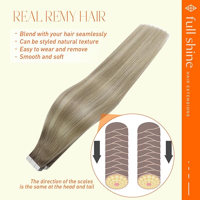 Full Shine Tape in Hair Extensions 20Inch Tape in Hair Extensions Human Hair Color 19/8/60 Balayage Tape in Extensions Double Sided Tapes in for Women 50Gram Seamless Hair Extensions Tape in 20Pcs