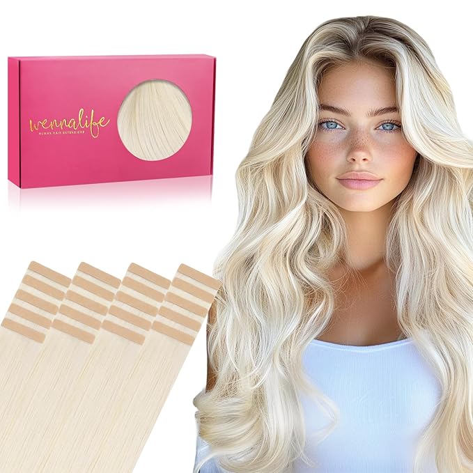 WENNALIFE Tape in Hair Extensions Human Hair, 20pcs 40g 12 inch White Blonde Remy Hair Extensions Straight Human Hair Tape in Extensions Skin Weft Tape Extensions Human Hair