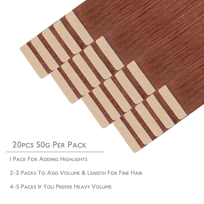 WENNALIFE Tape in Hair Extensions Human Hair, 20pcs 50g 14 inch Dark Auburn Copper Remy Hair Extensions Straight Human Hair Tape in Extensions Skin Weft Tape Extensions Human Hair