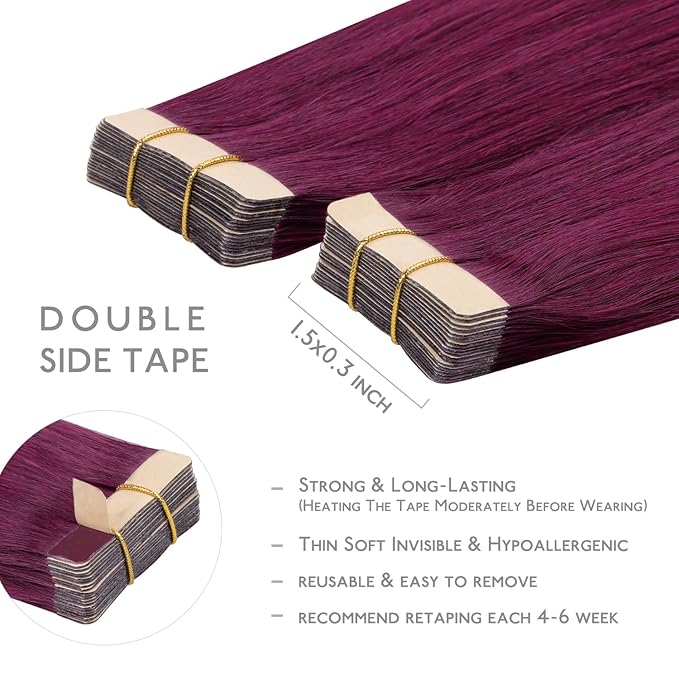 WENNALIFE Tape in Hair Extensions Human Hair, 20pcs 40g 12 inch Light Burgundy Remy Hair Extensions Straight Human Hair Tape in Extensions Skin Weft Tape Extensions Human Hair