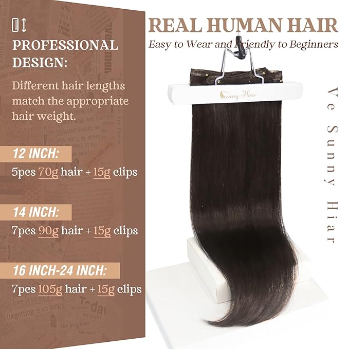Ve Sunny Dark Brown Clip in Hair Extensions Real Human Hair 12 Inch Short Human Hair Clip in Extensions Remy Hair Extensions Clip in Human Hair for Women 80g 5Pcs