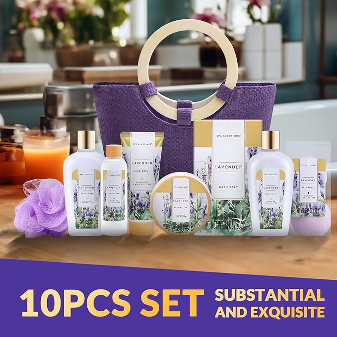 spa luxetique Gift Baskets for Women, Spa Gifts for Women - 10pcs Lavender Sets with Body Lotion, Bubble Bath, Relaxing Bath Sets, Birthday Christmas Gifts for Her