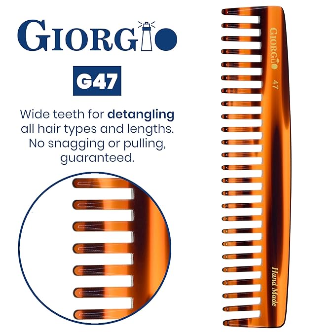 Giorgio G47 Wide Tooth Detangling Hair Comb for Thick Curly Wavy Hair. Long Detangler Comb For Wet and Dry Hair. Handmade, Extra Wide Tooth Comb Saw-Cut, Hand Polished