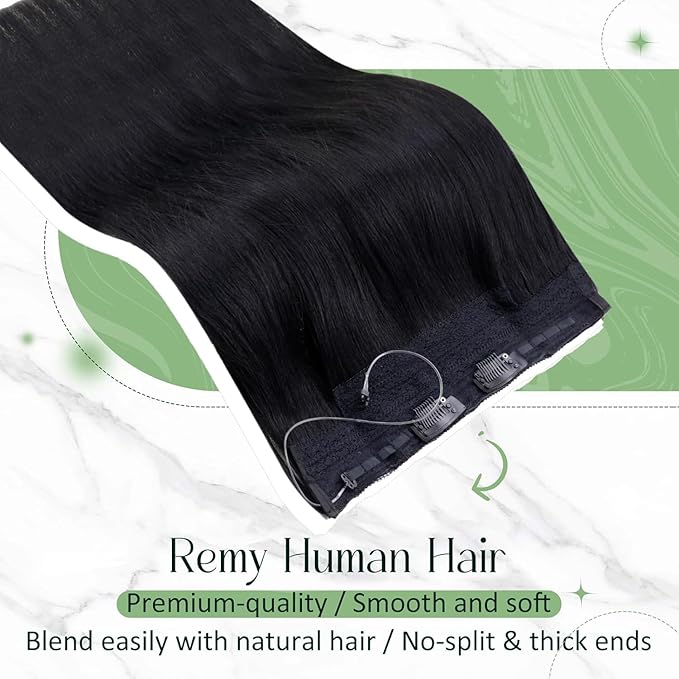 RUANTURE Invisible Wire Hair Extensions Real Human Hair, Wire Hair Extensions Black 16 Inch 80g One Piece, Natural Blend, Suitable for Daily Wearing #1 Jet Black