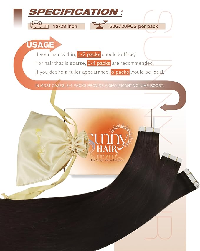 Sunny Hair Tape in Hair Extensions Real Human Hair Invisible Remy Hair Extensions Tape ins for Women Darkest Brown 18 inch 20Pcs 50G