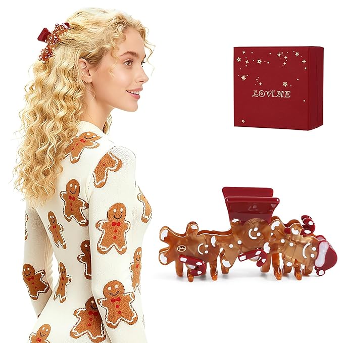 Original Italian Designed Hair Claw Clips for Women- CHRISTMAS Gingerbread Men, Premium Acetate Medium Claw, Non Slip Cute Hair Clips for Women with Gift Box