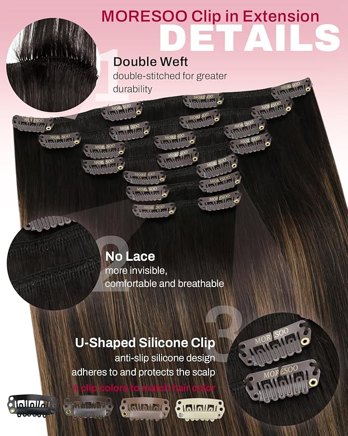 Moresoo Clip in Hair Extensions Balayage Real Hair Extensions Clip in Human Hair Dark Brown Mixed with Chestnut Brown Ombre Clip on Hair Extensions Human Hair 7pcs 150g 22 Inch