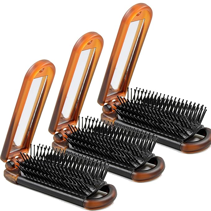 3-Pack Travel Hair Brush for Women, Mini Folding Hair Brush for Wet & Dry, Ultrasoft Small Pocket Mirror Brush for All Hair Types
