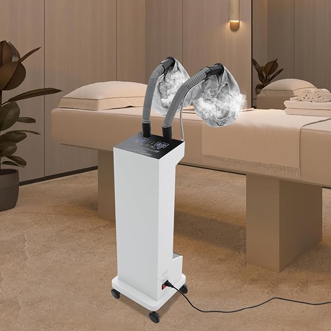 Professional Double-Barreled Hair Steamer with LED Display, 650W Vertical Micro Mist Hair Color Processor for SPA, Salon & Home, Hair Care Machine with Wheels, 5 Modes (White)