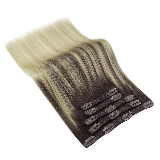 Ve Sunny Human Hair Clip in Extensions Comfortable Clip in Hair Extensions Real Human Hair Dark Brown Ombre Dark Golden Blonde Balayage Light Blonde Hair Clip in Extensions 100g 7pcs 14inch