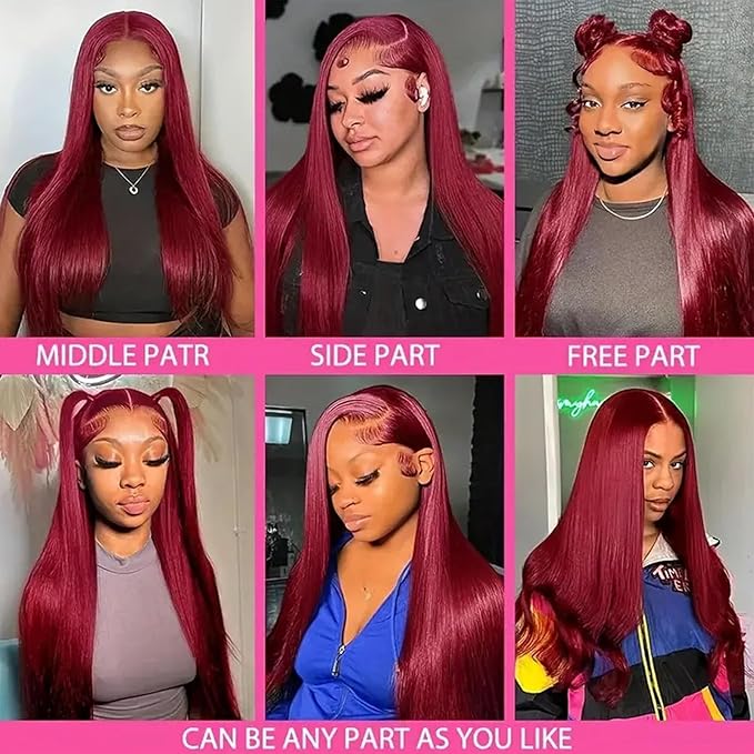 Burgundy Wig Human Hair 24inch 13x6 HD Transparent Lace Straight 99J Red Human Hair Wig Colored Reddish Brown Lace Frontal Wigs 180% Density Pre Plucked