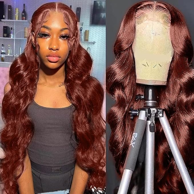 200% Density Reddish Brown Colored Human Hair Lace Front Wigs 13x4 Glueless Wigs Human Hair Pre Plucked Body Wave Glueless Wigs Human Hair Transparent HD Lace Frontal Human Hair Wigs 22Inch