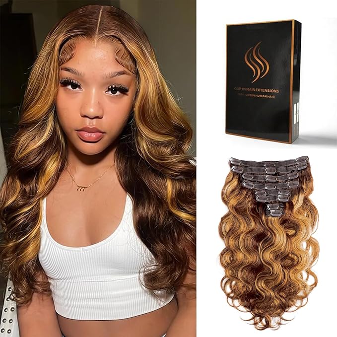 Clip in Hair Extensions Real Human Hair Body Wave #4/27 Chocolate Brown to Honey Blonde 100% Brazilian Remy Human Hair Extensions 8pcs Per Set with 18 Clips Double Weft 24 Inch 120g/3.6oz