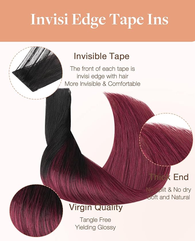 GOO GOO Invisi Edge Tape in Hair Extensions Human Hair, 1/99 Balayage Jet Black to Red 10pcs injected with 10pcs classical tape ins, 14inch 50g, Virgin Remy Hair, Natural Look