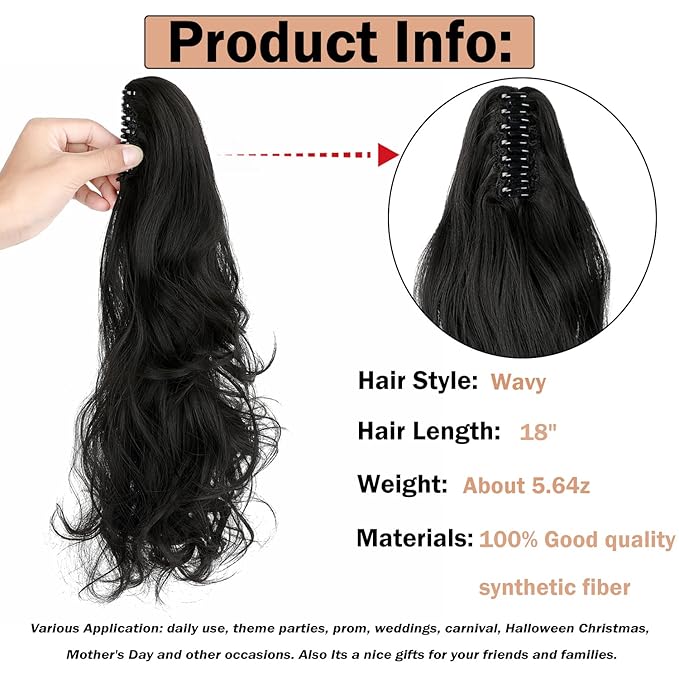 Claw Clip Ponytail Extension 18" Clip in Wavy Ponytail Hair Extensions Long Pony Tails for Women Extensions Natural Black Wave Hairpiece