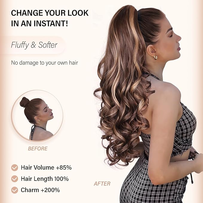 24 Inch Ponytail Extension, Clip on Ponytails for Women, Long Curly Wavy Ponytail Extensions for Women, Synthetic Layered Pony Tails Hair Extensions (Color: Medium Brown Mixed Honey Blonde)