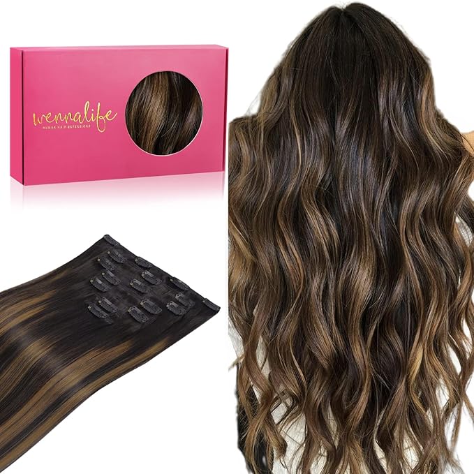 WENNALIFE Clip in Hair Extensions Real Human Hair, 22 Inch 120g 7pcs Remy Hair, 24 Inch 120g 7pcs Natural Black to Chestnut Brown Balayage Straight Natural Extensiones De Cabello Humano Con Clip Ins