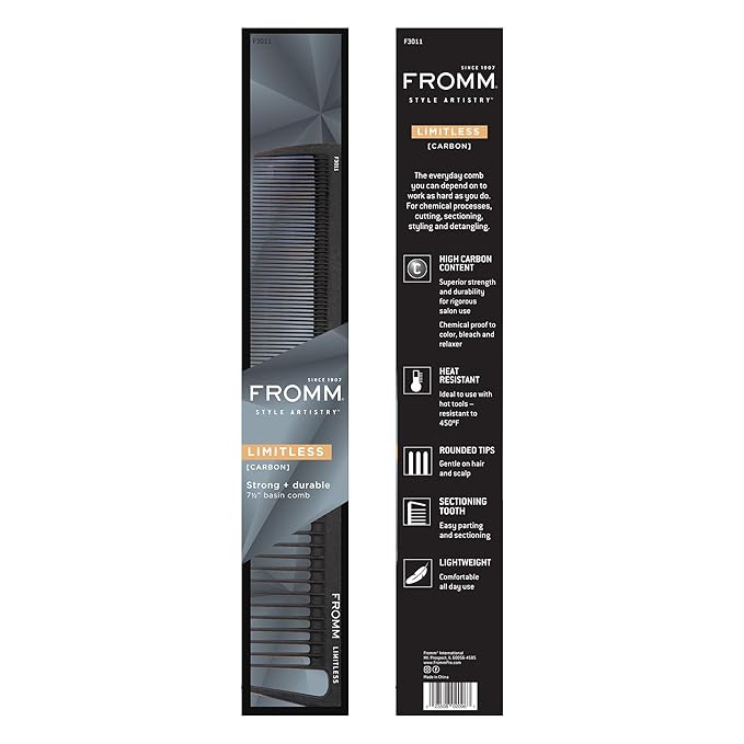 Fromm Limitless 7.5" Carbon Basin Comb with Rounded Tips and Sectioning Tooth for Cutting, Sectioning, Styling, and Detangling, Heat Resistant to 450°F