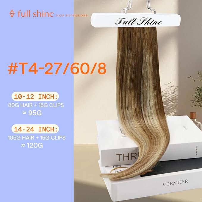 Full Shine Clip in Hair Extensions Human Hair Brown Balayage to Ash Brown Mix Honey Blonde And Lightest Blonde Straight Human Hair Extensions Clip ins 20 Inch Double Weft Clip in Extensions 120 G