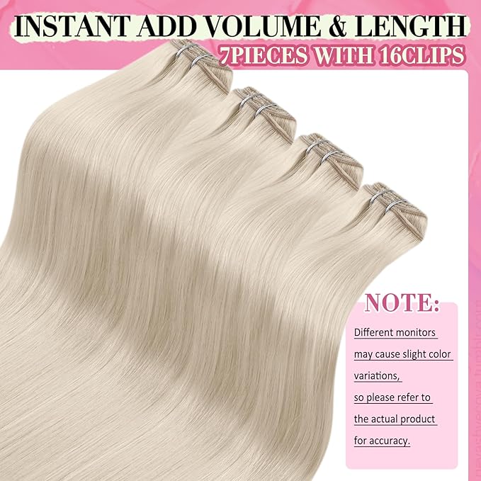 YoungSee 150G Clip in Human Hair Extensions Blonde Clip Hair Extensions Real Human Hair Platinum Blonde Add Length Remy Hair Clip on Extension Long Straight Hair Extension for Women 24Inch 7Pcs