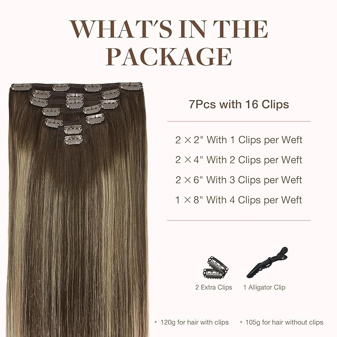 GOO GOO Clip in Hair Extensions Real Human Hair, Remy Human Hair Extensions Clip ins for Women, Natural Human Hair, 20inch 120g 7Pcs, 4/26/4 Balayage Chocolate Brown to Honey Blonde